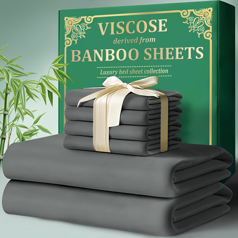 4-Piece Bamboo Bed Sheet Set, 2200 TC Cool Fabric, Bamboo Fiber Elastic Fitted Sheet, Extended 18"-24" Deep Pocket, Cool and Breathable, Smooth to the Touch, Large Size Ultra-Soft Suitable for Hot Sleepers, Anti-Shrink, Fade-Resistant