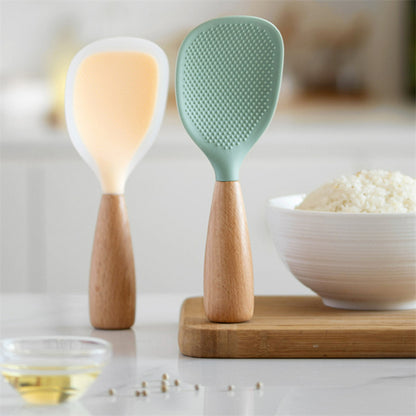 2 Pack Silicone Rice & Potato Server with Wooden Handle - Durable, Heat-Resistant Kitchen Spoon for Nonstick Pans and Cookers, Durable Standing Rice Spatula Serving Spoon for Grains