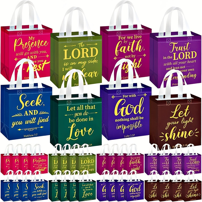 Bible Verse Gift Bags Bulk 32 or 64pcs | 8 Colors Reusable Christian Religious Gift Bags with Handles for Women | Medium Non-Woven Church Bags for Baptism, Wedding, Party Supplies, VBS, Faith Events