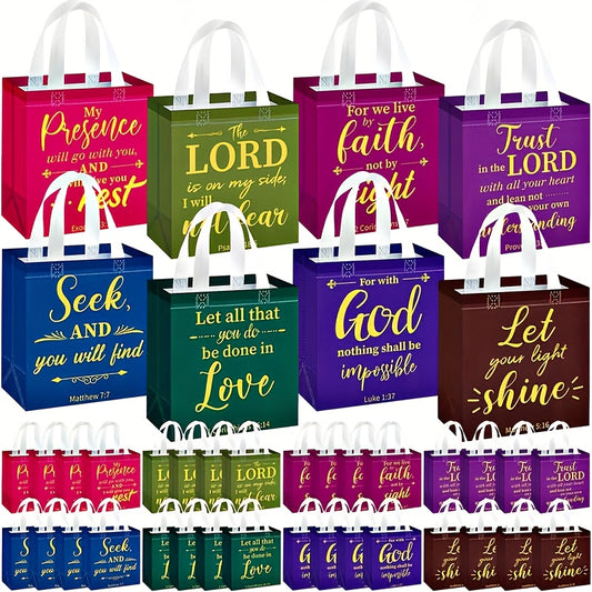 Bible Verse Gift Bags Bulk 32 or 64pcs | 8 Colors Reusable Christian Religious Gift Bags with Handles for Women | Medium Non-Woven Church Bags for Baptism, Wedding, Party Supplies, VBS, Faith Events