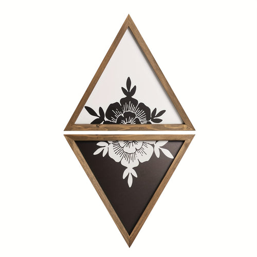 Flangairy Floral Wall Decor Wooden Botanical Wall Art Framed Boho Wood Geometric Triangles Black White Bedroom Bathroom Room Home Decorations
