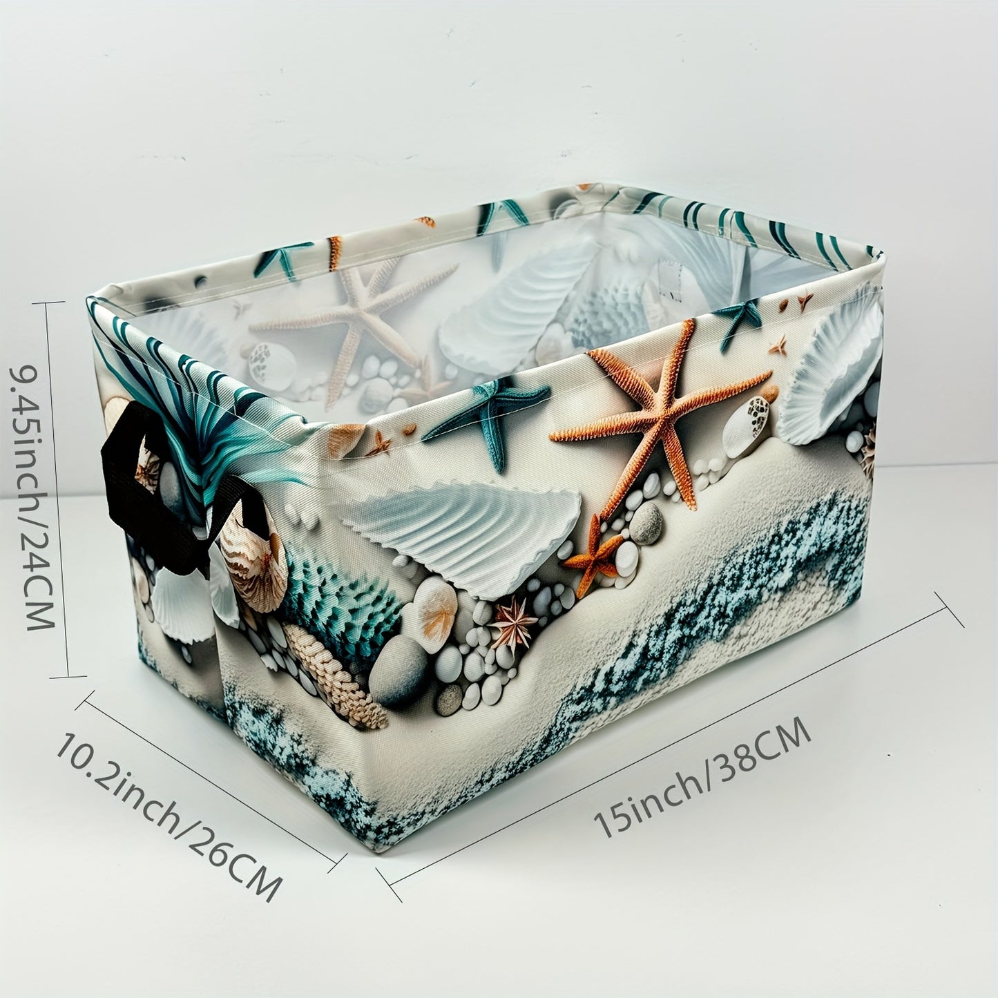 Storage Basket Fabric Organizer Bin – Beach Shell & Starfish Design for Shelf, Laundry, Nursery, Home Office, Dorm, Books, Clothes & Gifts
