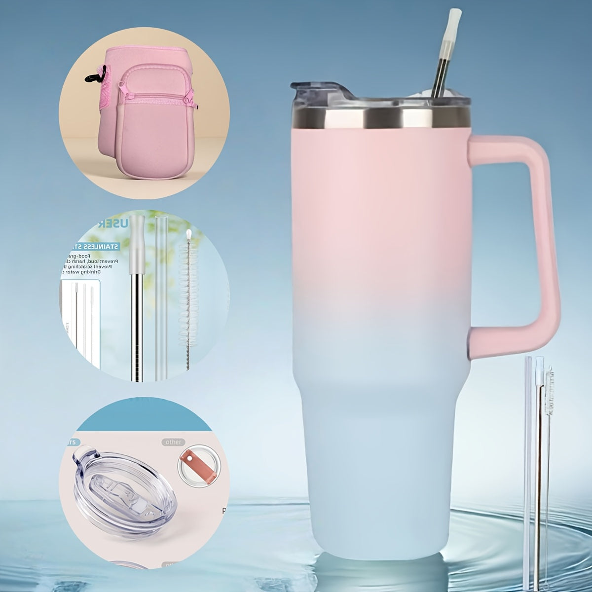 40 Oz Insulated Tumbler with Carry Bag And Handle, Stainless Steel Thermos with Straw Lid, Great for Home Office, Car Travel, Straw Or Spout Lid, Gym Water Bottle Travel Mug, Works with Ice Cubes, Water Bottle