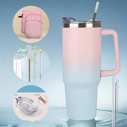 40 Oz Insulated Tumbler with Carry Bag And Handle, Stainless Steel Thermos with Straw Lid, Great for Home Office, Car Travel, Straw Or Spout Lid, Gym Water Bottle Travel Mug, Works with Ice Cubes, Water Bottle