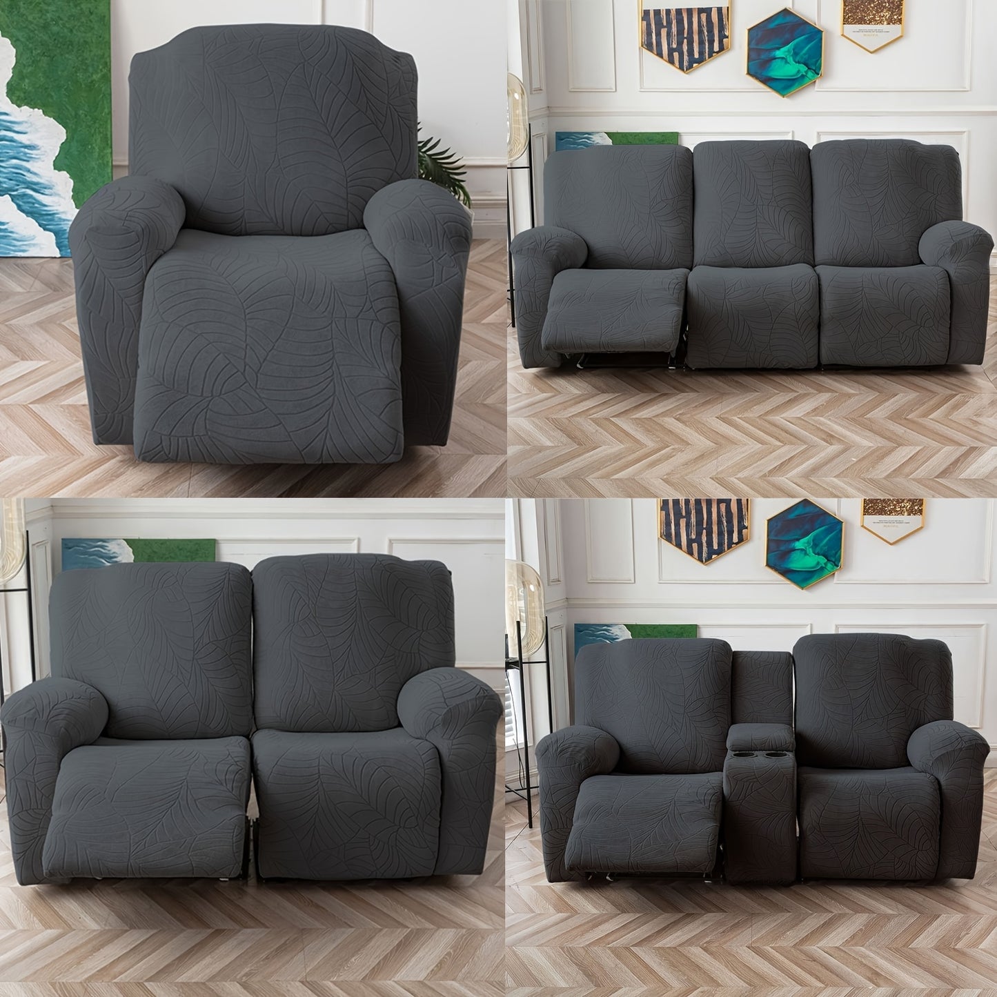 1/2/3/ Seat Plus Center Control Recliner Sofa Cover, Winter Insulation, Furniture Decoration, High Stretch Big Leaves Jacquard Sofa Recliner Cover, Soft And Washable, Loveseat Recliner Cover with Console, Home Decoration, Mother'S Day Gifts
