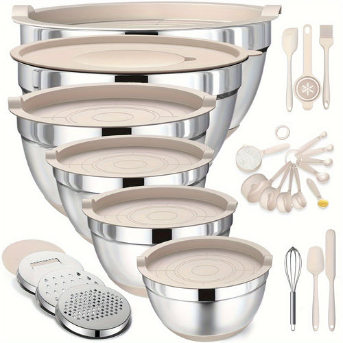 Set of Mixing Bowls Made of Stainless Steel for Cooking, Baking, And Preparation - Essential Kitchen Tools for Food Prep, Fruits, Noodles, And More - Chic Home Utensils, Supplies for School