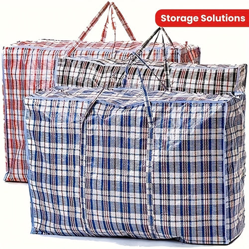 3pcs Large Durable Moving Storage Bags - High Capacity Reusable Zipper Organizer Bags For Clothes, Laundry, Bedding - Ideal For Home Moving, Closet Cleaning, And Holiday Decor, Closet Organization | Checkered Pattern Bags | Durable Fabric Bags