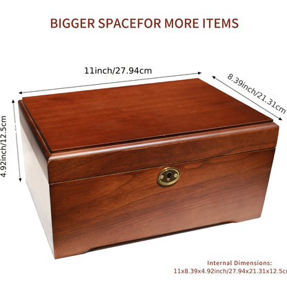 Wooden Jewelry Box with Lock Handcrafted Vintage Wood Storage Chest Hinged Lid Key Lock Multipurpose Organizer Keepsakes Home Office Decor 11x8.5x5.25 Inch