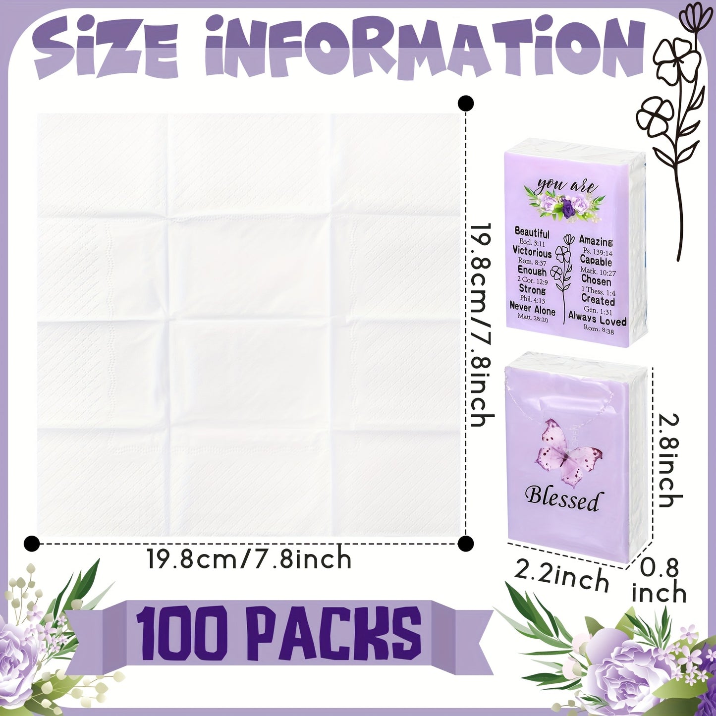 100 Pack Christian Blessed Facial Tissues - Purple Butterfly & Lavender Floral Design, 3-Ply Pocket-Sized Travel Tissues with "Blessed" Text, 7 Sheets Per Pack for Weddings, Graduation, Travel - Thoughtful Gift Idea, Event Essentials, Spiritual Design, In
