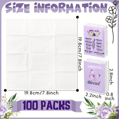 100 Pack Christian Blessed Facial Tissues - Purple Butterfly & Lavender Floral Design, 3-Ply Pocket-Sized Travel Tissues with "Blessed" Text, 7 Sheets Per Pack for Weddings, Graduation, Travel - Thoughtful Gift Idea, Event Essentials, Spiritual Design, In