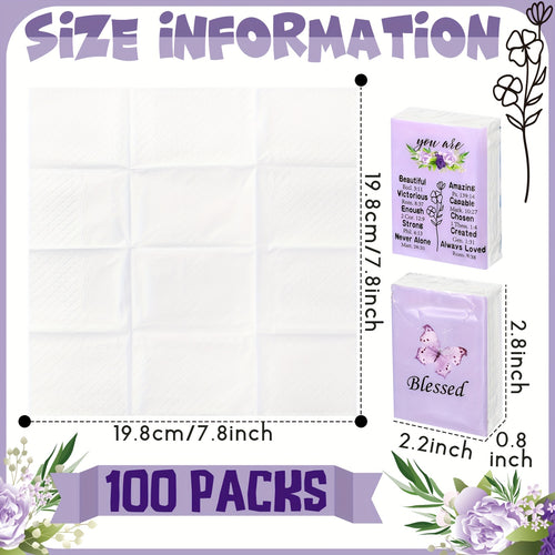100 Pack Christian Blessed Facial Tissues - Purple Butterfly & Lavender Floral Design, 3-Ply Pocket-Sized Travel Tissues with "Blessed" Text, 7 Sheets Per Pack for Weddings, Graduation, Travel - Thoughtful Gift Idea, Event Essentials, Spiritual Design, In