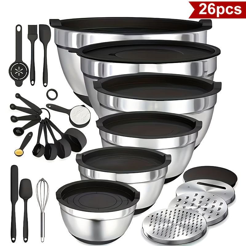 Mixing Bowls with Airtight Lids, 26pcs Stainless Steel Bowls Set, 3 Grater Attachments & Black Non-Slip Bottoms Size 7, 4, 2.5, 2.0, 1.5, 1QT, Great for Mixing & Serving