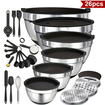 Mixing Bowls with Airtight Lids, 26pcs Stainless Steel Bowls Set, 3 Grater Attachments & Black Non-Slip Bottoms Size 7, 4, 2.5, 2.0, 1.5, 1QT, Great for Mixing & Serving