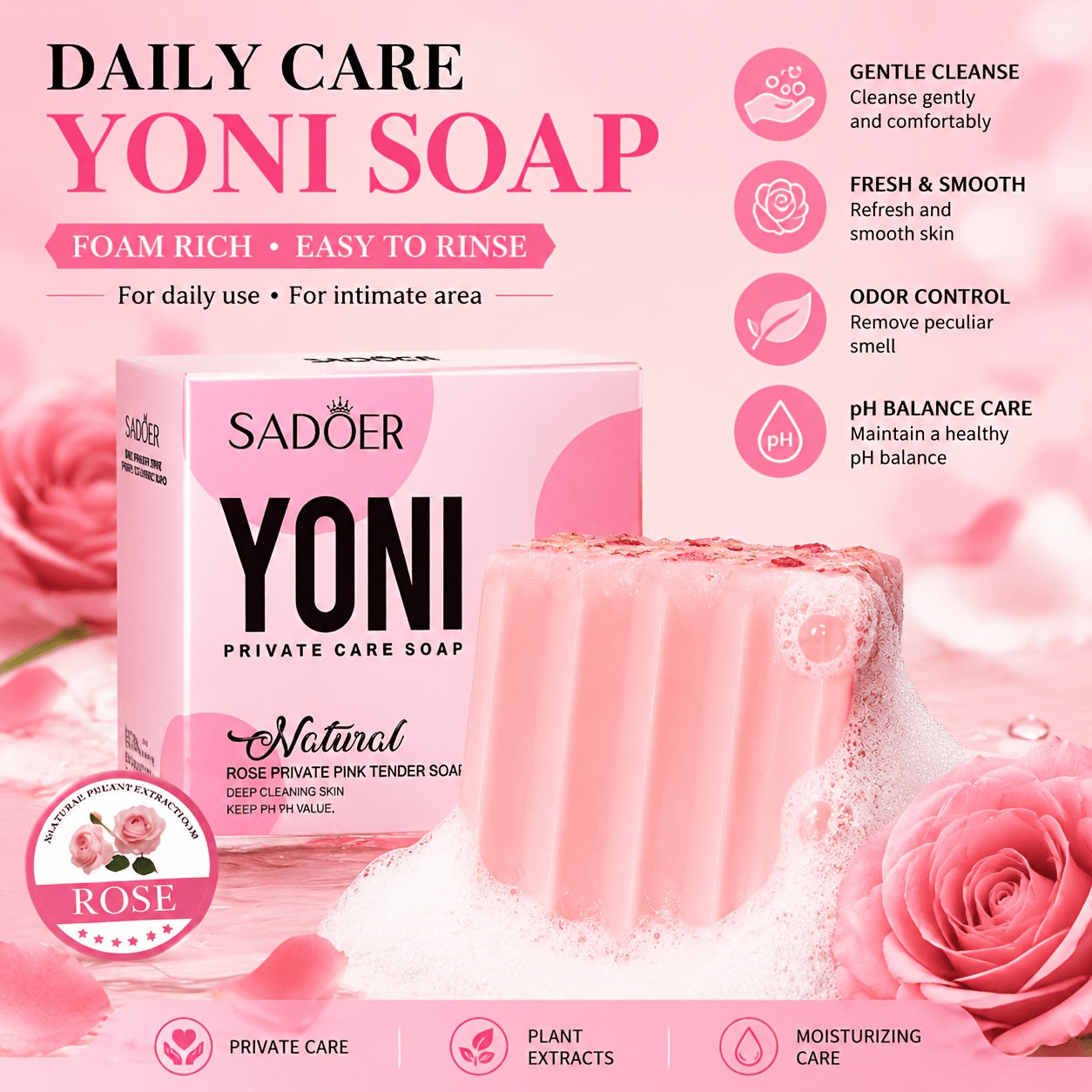 2pcs/4pcs SADOER Rose Private Pink Cleansing Soap, Rich In Rose Essence, Built-in Bubble Net, Rich Foam, Special Soap for Women, Ideal for Autumn And Winter Cleaning And Moisturizing,, for Woman Balance