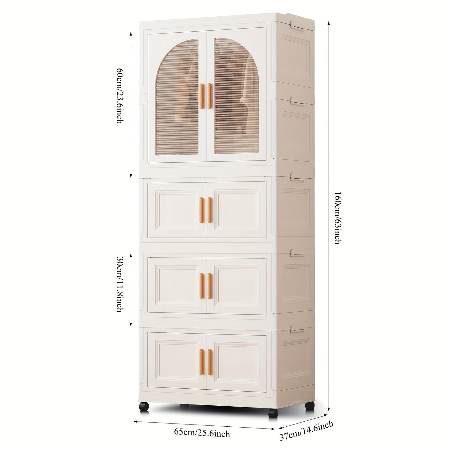 Storage Bins, 25.6" Side Wide Folding Wardrobe, 25.6" X 14.6" X 63" with Magnetic Door, Plastic Storage Cabinet on Wheels (One Wardrobe Level And Three (Or Two) Folding Boxes And 10 Hangers And 4 Hooks)
