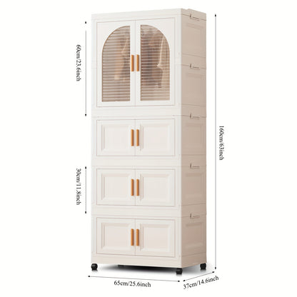 Storage Bins, 25.6" Side Wide Folding Wardrobe, 25.6" X 14.6" X 63" with Magnetic Door, Plastic Storage Cabinet on Wheels (One Wardrobe Level And Three (Or Two) Folding Boxes And 10 Hangers And 4 Hooks)