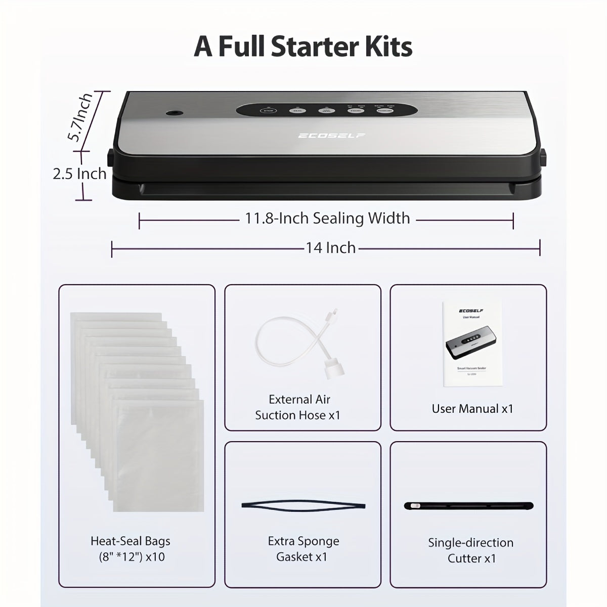 ECOSELF 65Kpa Vacuum Sealer Machine, 8-in-1 Sealing Machine with Cutter& Accessory Hosestrip& 10 Bags, EXT-VAC& Stainless Steel for Food Storage & Sous Vide, Perfect for Kitchen Use, Mother's Day Gift, Father's Day Gift