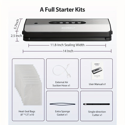 ECOSELF 65Kpa Vacuum Sealer Machine, 8-in-1 Sealing Machine with Cutter& Accessory Hosestrip& 10 Bags, EXT-VAC& Stainless Steel for Food Storage & Sous Vide, Perfect for Kitchen Use, Mother's Day Gift, Father's Day Gift