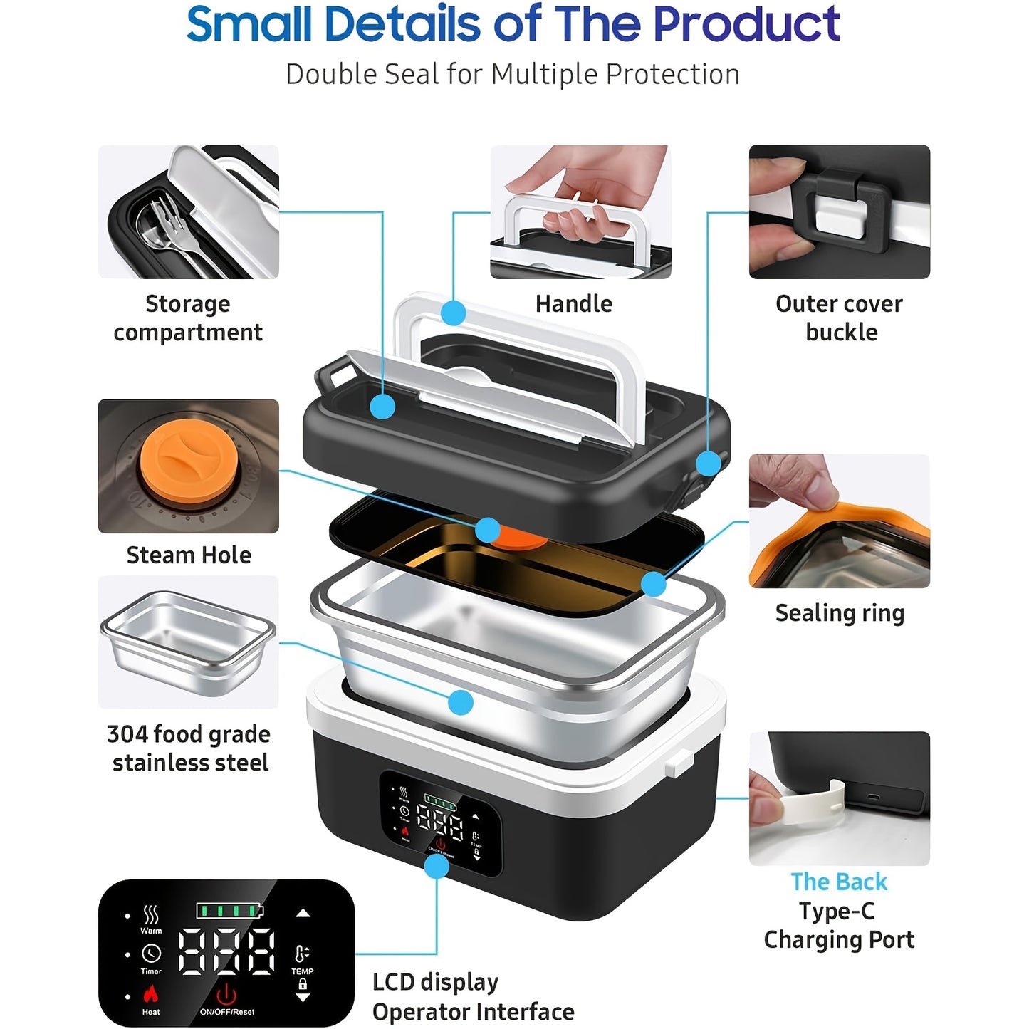 Adults Lunch Box, 8000Mah Battery Powered, 60W 1 Liter Portable Timer Automatic Heating Food Warmer, Portable Food Heater for Home/Car/Office/Truck, Portable Lunch Box