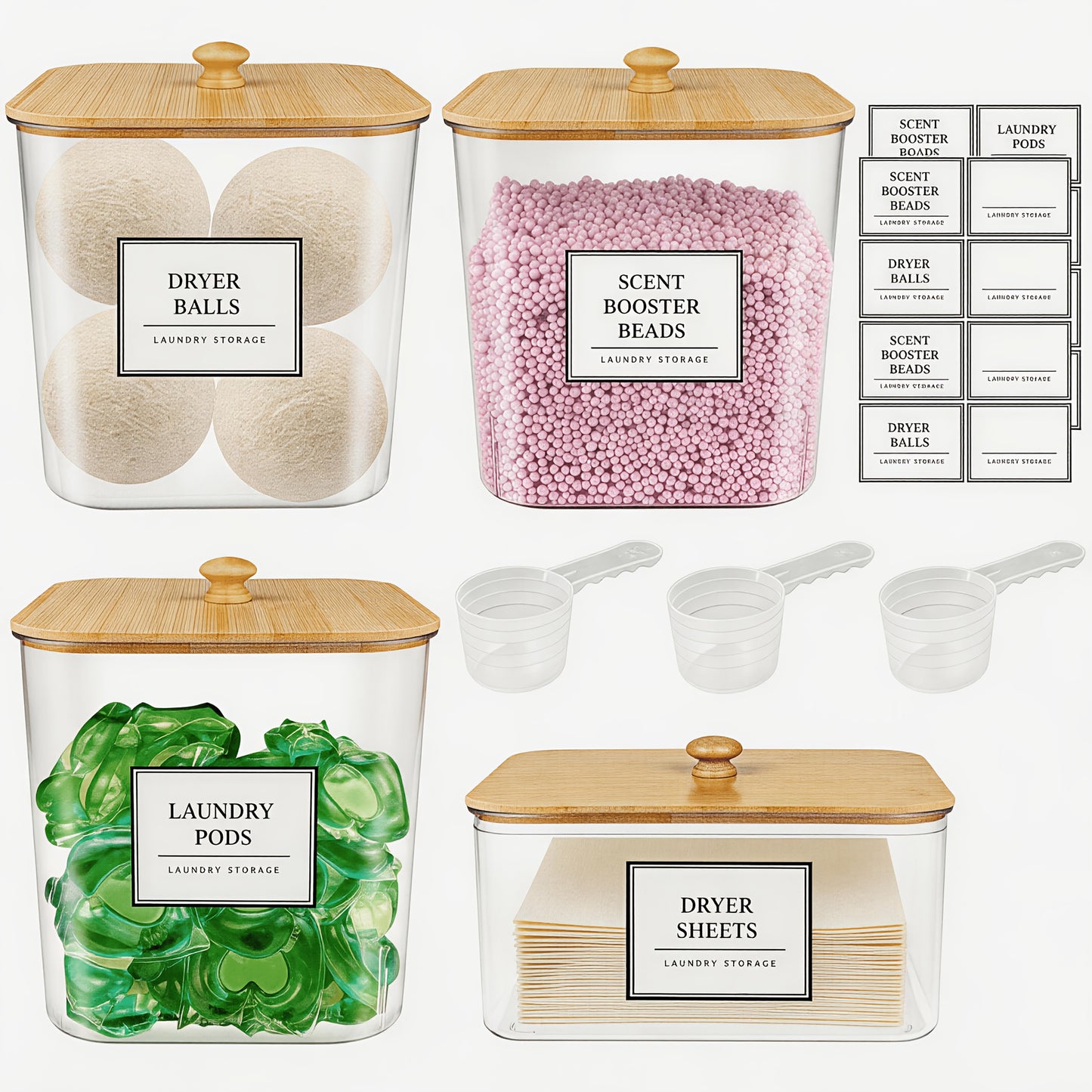 3+1 Pack Laundry Pods Container & Dryer Sheet Holder Set, Clear Laundry Room Organization Containers With Bamboo Lids And Labels, Laundry Pods Holder For Scent Booster, Powder, Pod