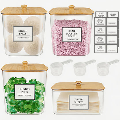 3+1 Pack Laundry Pods Container & Dryer Sheet Holder Set, Clear Laundry Room Organization Containers With Bamboo Lids And Labels, Laundry Pods Holder For Scent Booster, Powder, Pod