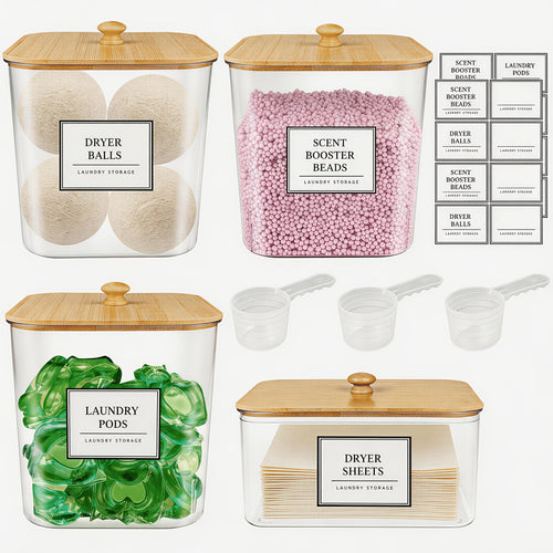 3+1 Pack Laundry Pods Container & Dryer Sheet Holder Set, Clear Laundry Room Organization Containers With Bamboo Lids And Labels, Laundry Pods Holder For Scent Booster, Powder, Pod