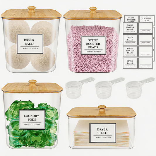 3+1 Pack Laundry Pods Container & Dryer Sheet Holder Set, Clear Laundry Room Organization Containers With Bamboo Lids And Labels, Laundry Pods Holder For Scent Booster, Powder, Pod