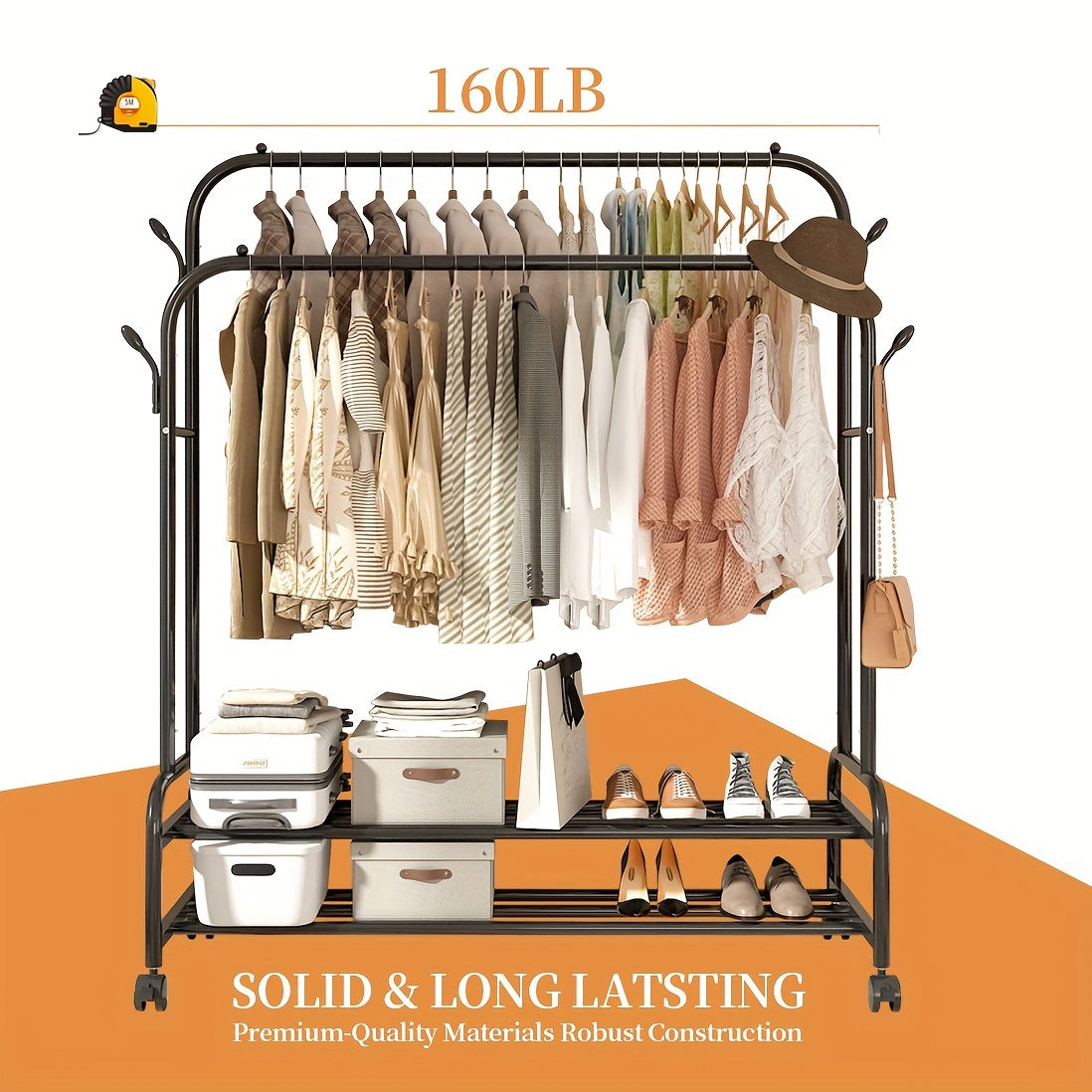 Sturdy Metal Double Rodding Clothes Rack with Wheels, Portable Clothing Rack with Shelves & Hooks, Heavy Duty Garment Racks for Hanging Clothes, Multi-Functional Closet Rack for Bedroom, Golden