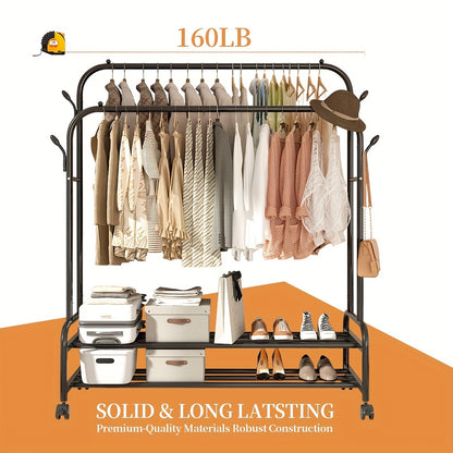 Sturdy Metal Double Rodding Clothes Rack with Wheels, Portable Clothing Rack with Shelves & Hooks, Heavy Duty Garment Racks for Hanging Clothes, Multi-Functional Closet Rack for Bedroom, Golden