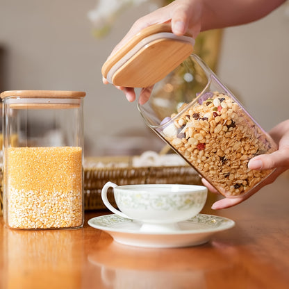 Glass Food Storage Jars 37oz 6pcs Set, Glass Storage Containers with Clear Glass Jars, Bamboo Lids, for Storing Tea, Coffee, Flour, Sugar, Candy, Cookies, Spices, Etc., Kitchen, Christmas, Halloween Candy (Square)