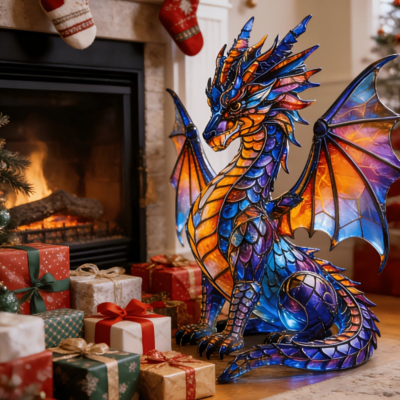 Decorative Dragon Sculpture with Light, Faux Stained Glass Resin Statue, Bohemian Accent Lamp for Home Decor