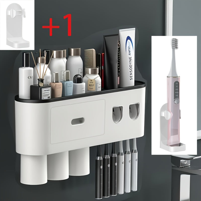 Wall-Mounted Toothbrush Holder Featuring a Double Automatic Toothpaste Dispenser And Squeezer Kit, Perfect for Valentine'S Day Gifts, Available from a Local Warehouse, Includes 3 Cups (Grey with 2 Toothpaste Dispensers And 3 Cups)