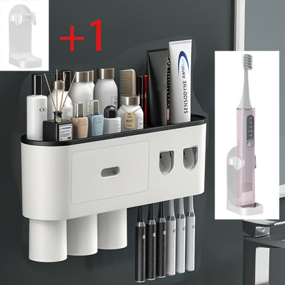 Wall-Mounted Toothbrush Holder Featuring a Double Automatic Toothpaste Dispenser And Squeezer Kit, Perfect for Valentine'S Day Gifts, Available from a Local Warehouse, Includes 3 Cups (Grey with 2 Toothpaste Dispensers And 3 Cups)