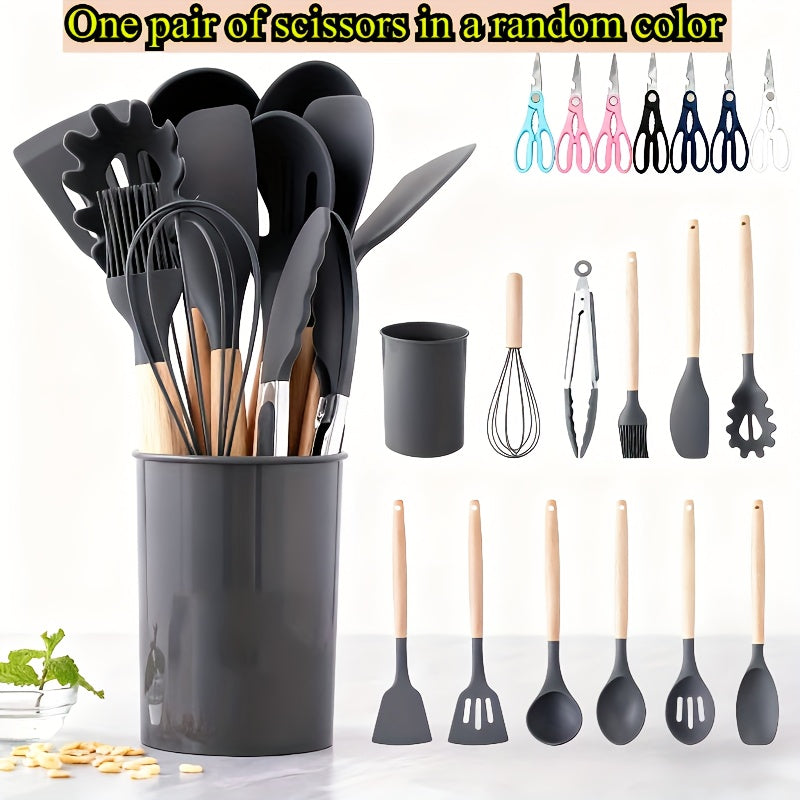 13pcs, Non-Stick Silicone Kitchen Utensil Set with Wooden Handles-Safe And Easy to Clean-Perfect for Cooking And Baking-Ideal for Back to School And Dorm Essentials