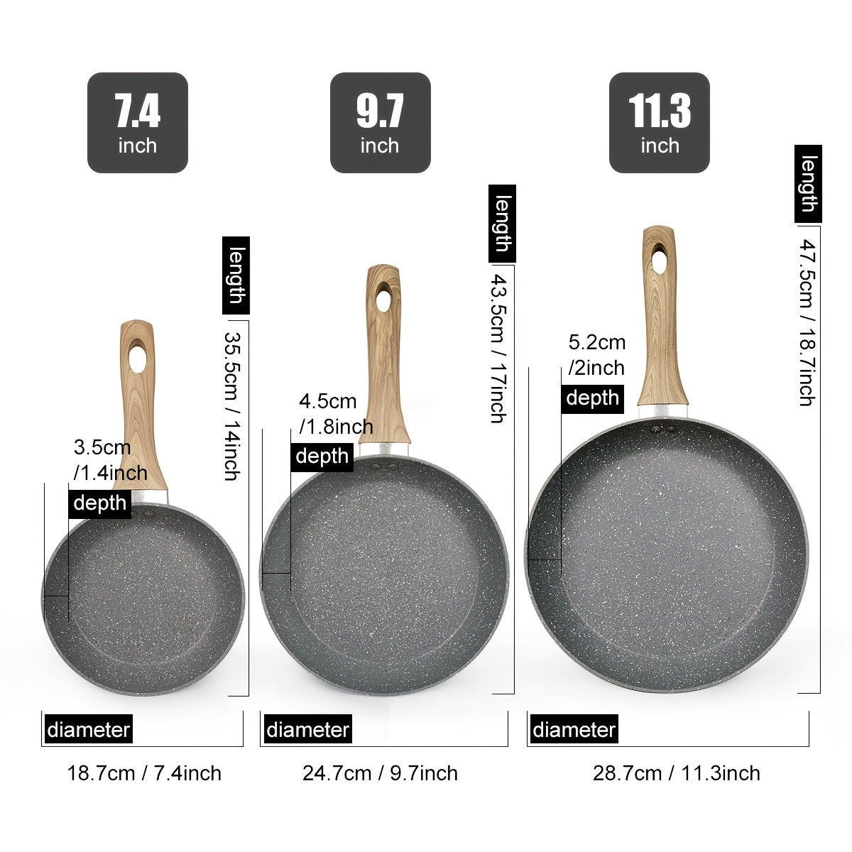 ABKOK Non Stick Frying Pans 3pcs Set, 7/9.5/11 Inch Pans Pots Set for Home Kitchen, Dishwasher Safe, Frying Pan with Insulated Handle, Compatible with Induction Cooker, Grey/Black/White/Colors