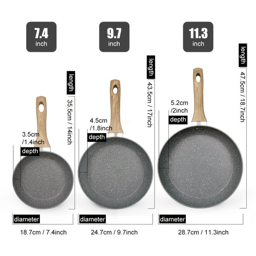 ABKOK Non Stick Frying Pans 3pcs Set, 7/9.5/11 Inch Pans Pots Set for Home Kitchen, Dishwasher Safe, Frying Pan with Insulated Handle, Compatible with Induction Cooker, Grey/Black/White/Colors