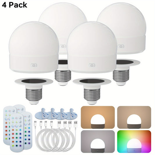 Rechargeable LED Light Bulb E26 3000mAh 400LM with Remote Control – USB Wireless Puck Light, 3 Color Temperatures, 12 RGB Colors, Timer, No Wiring for Lamps Closets Cabinets Indoor Lighting 4 Pack