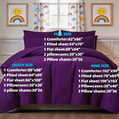 Comforter Set 7 Piece Bed in a Bag Full Queen King Soft Satin-Like Fabric with Fitted Sheet Flat Sheet Pillowcases Breathable Bedding Set for Bedroom Hotel