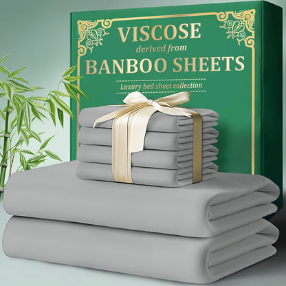 4-Piece Bamboo Bed Sheet Set, 2200 TC Cool Fabric, Bamboo Fiber Elastic Fitted Sheet, Extended 18"-24" Deep Pocket, Cool and Breathable, Smooth to the Touch, Large Size Ultra-Soft Suitable for Hot Sleepers, Anti-Shrink, Fade-Resistant