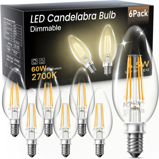 LED Candle Light Bulbs E12 Base B11 Dimmable 2700K Warm White 500 Lumens Clear Glass Vintage Filament Bulb for Chandelier Ceiling Fan Dining Room Living Room Bedroom Kitchen 12 Pack 24 Pack