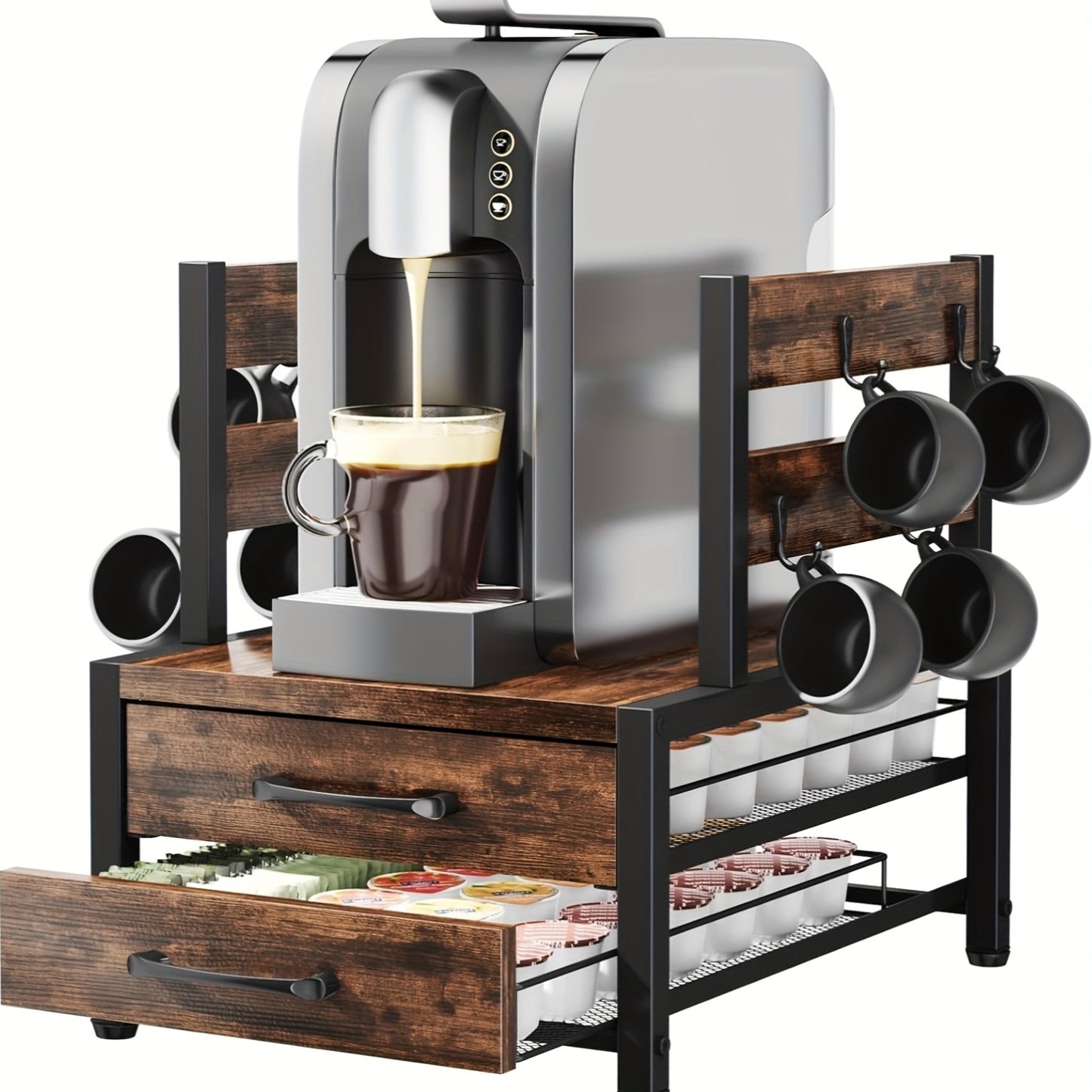 Double Layer Coffee Capsule Storage Rack And Mug Holder, Coffee Machine Stand, K Cup Holder Drawer - Coffee Bean Pod Organizer, 70 Capacity Bean Pod Holder, Home Kitchen Countertop Organizer, Rustic Brown