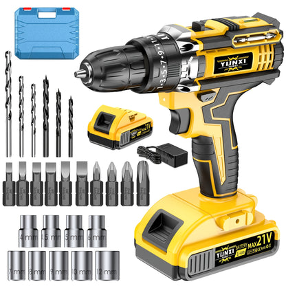 21V Cordless Impact Drill Set (2.0AH Battery and Fast Charging), Optional Drill Set and Storage Box, Equipped with Drill and Electric Screwdriver, with Work Light, Speed and Torque Adjustment - Suitable for Car and Home Maintenance | Men's Gift
