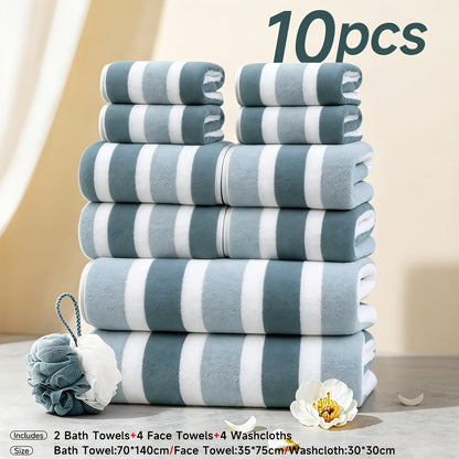 10pcs/3pcs/1pc Towel Set, No Hair Loss, Super Water Absorption,Ultra-Soft Microfiber Beach Towels for Adults, Super Soft Five-star Hotel Standard Two-color Striped Interval Bath Towel Combination(11.81x11.81inch, 13.78x29.53inch, 27.56x55.12inch)
