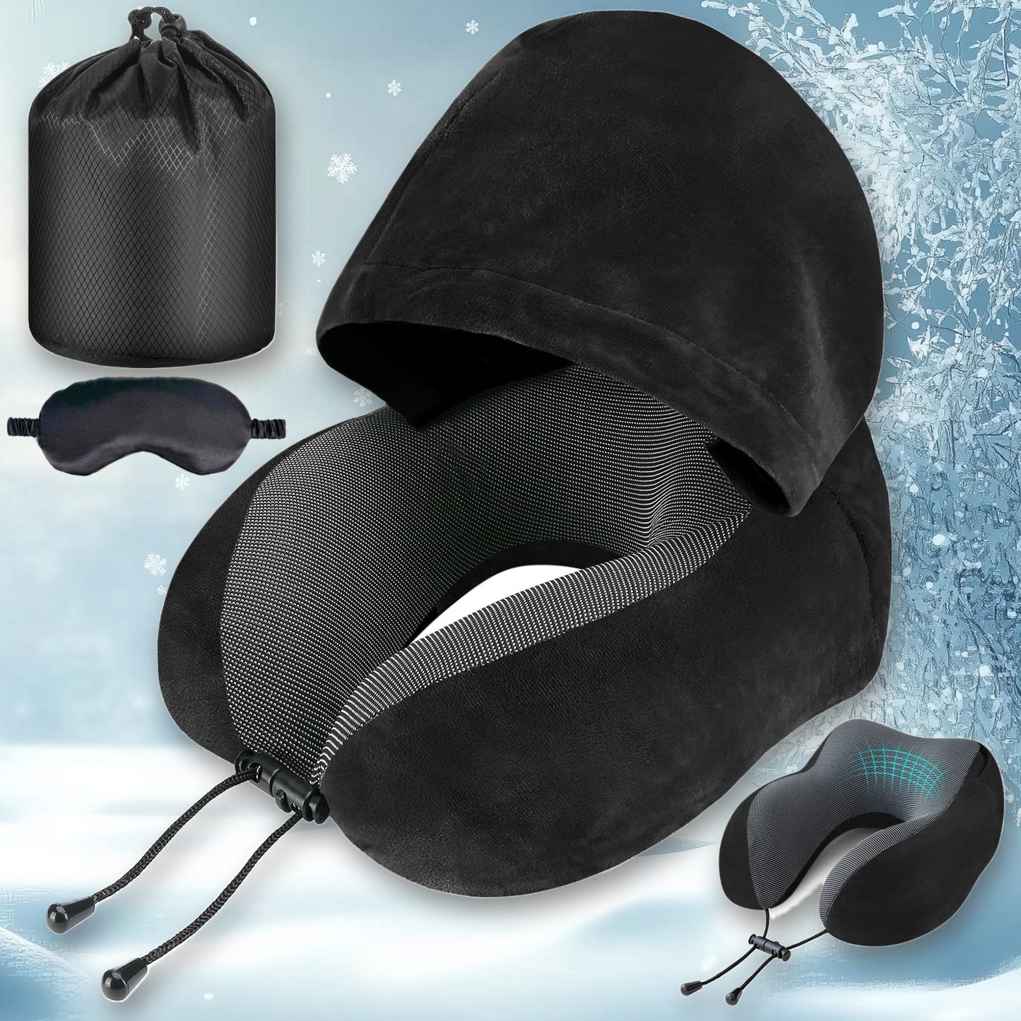 U-shaped Travel Pillow with Cap- Adjustable Portable Neck Pillow Suitable for Airplane and Home Use. Moderately Soft Fabric, Removable and Washable. Neck Support Pillow| Ergonomic Design| Pillow| Travel Pillow(includes Eye Mask)