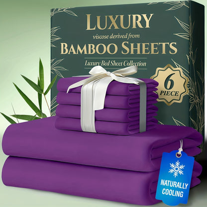 6pcs Cooling Bamboo Bed Sheets Sets - Ultra Soft & Luxuriously Keep Cool In Summer, 17" Deep Pocket, Double Stitching - Cooling Fiber Bed Sheets