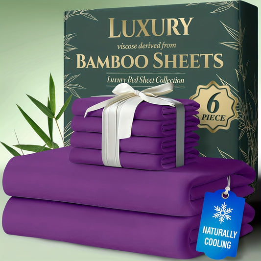 6pcs Cooling Bamboo Bed Sheets Sets - Ultra Soft & Luxuriously Keep Cool In Summer, 17" Deep Pocket, Double Stitching - Cooling Fiber Bed Sheets
