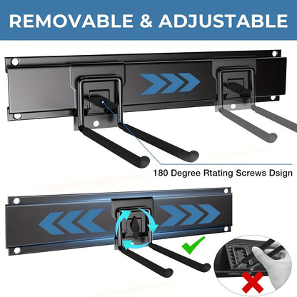 Garage Tool Organizer Wall Mount with Adjustable Swivel Buttons, 48" Garden Tool Organizer, 1 Double Hook, 5 Straight Hooks Hold Up to 420lbs, Garage Storage for Yard Tool/Broom/Shovels/Trimmers/Hoses, Utility Shelves