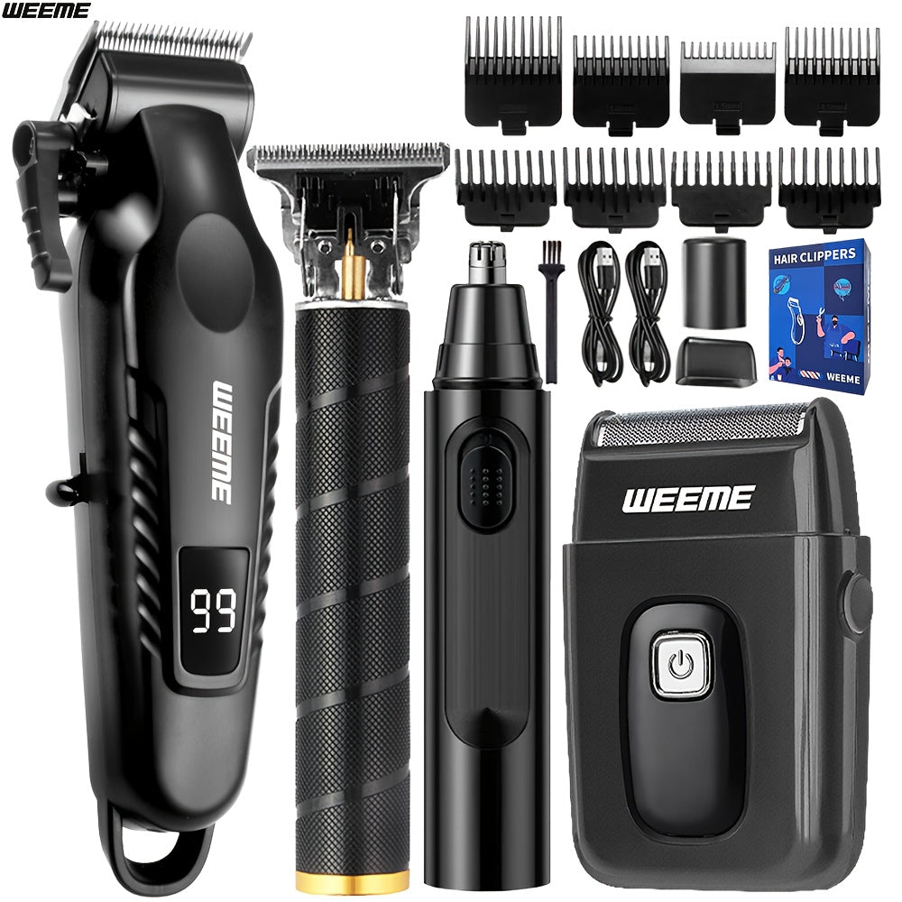 WEEME 4pcs Men'S Grooming Kit - Professional USB Rechargeable Hair Clipper Set with Nose Trimmer, Electric Shaver, Detail Trimmer, Ideal Father'S Day Gift, Supports USB Charging, Includes 8Limit Combs, Father'S Day Gift for Men, Camping Must Haves