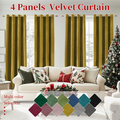 4pcs Luxury Velvet Blackout Curtains - Thermal Insulation & Noise Reduction, Soft Drapes for Living Room and Bedroom Decor, Grommet Top, Christmas Decoration