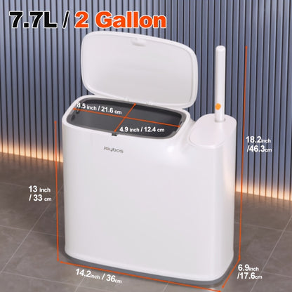 2-In-1 Trash Can with Toilet Brush And Brush Head | White Rectangular Modern Bathroom Narrow Seam Trash Can with Push-On Lid, Disposable Toilet Brush, Ivory, Bathroom Decor And Additions, Floor Mount, Plastic, JOYBOS